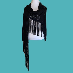 Black Laser Cut Faux Suede  Fringe Shawl One Size Fits All‎